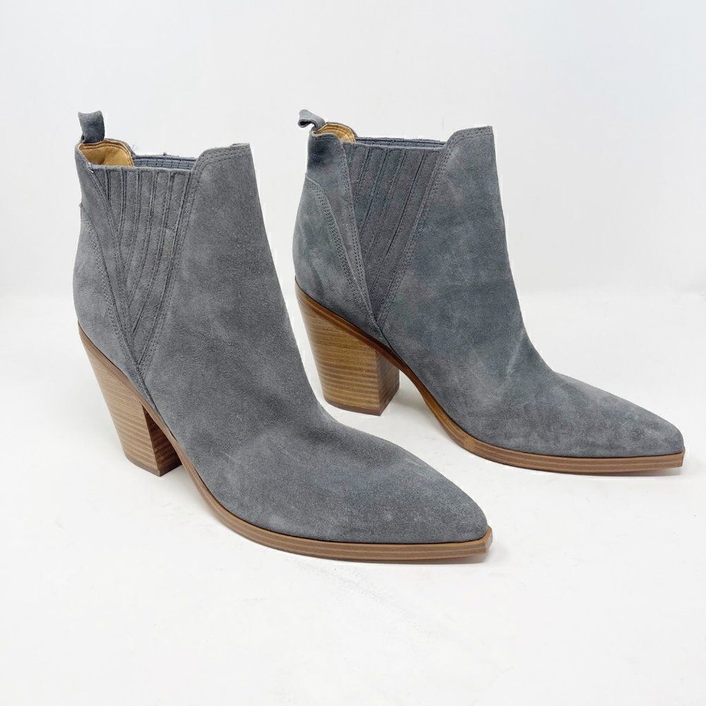 Marc Fisher Grey Suede Gadri Pointed Toe Stacked Heel Boots Booties